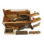 A small mahogany chest containing a pair of T&G planes by MATHIESON and other coachbuilders tools