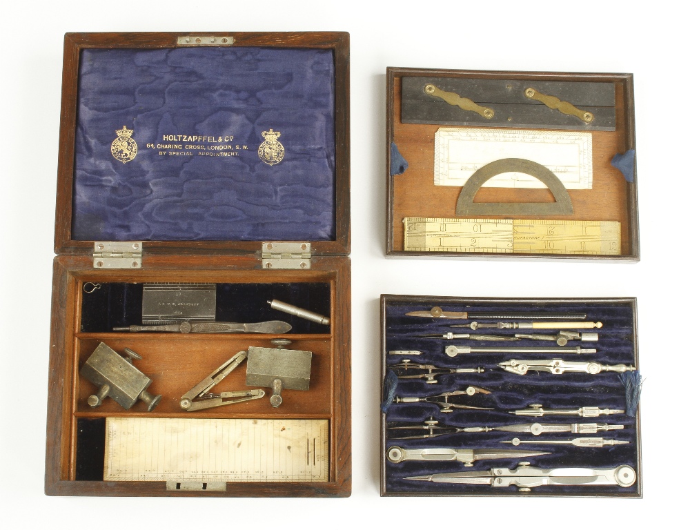 A part set of German silver drawing instruments by HOLTZAPFFEL & Co in orig fine quality 3 tier