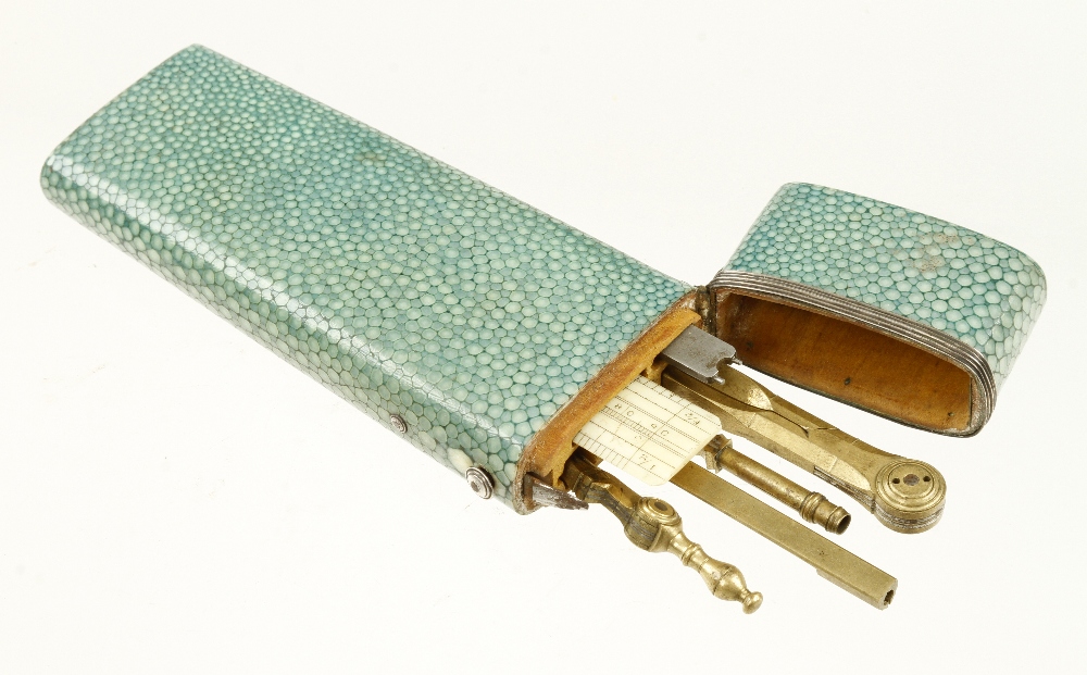 A most attractive fine quality 18c drawing instrument set in silver mounted shagreen etui c/w a 4