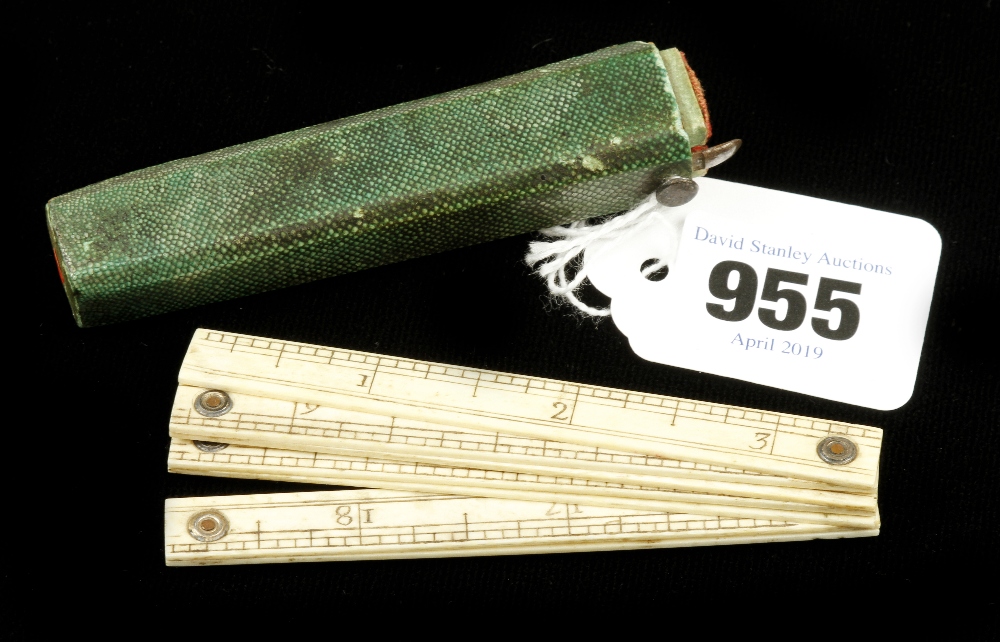 An early 23 1/4" ivory 7 fold rule scaled in 22 French inches in orig case (lacks lid) G++