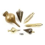 Four brass and two steel plumb bobs G+
