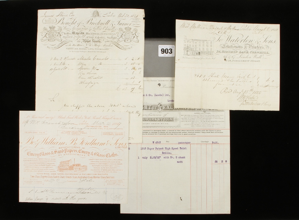 Four invoices; Brecknell & Turner sealing wax soaps etc with Trade card on the back 1821,
