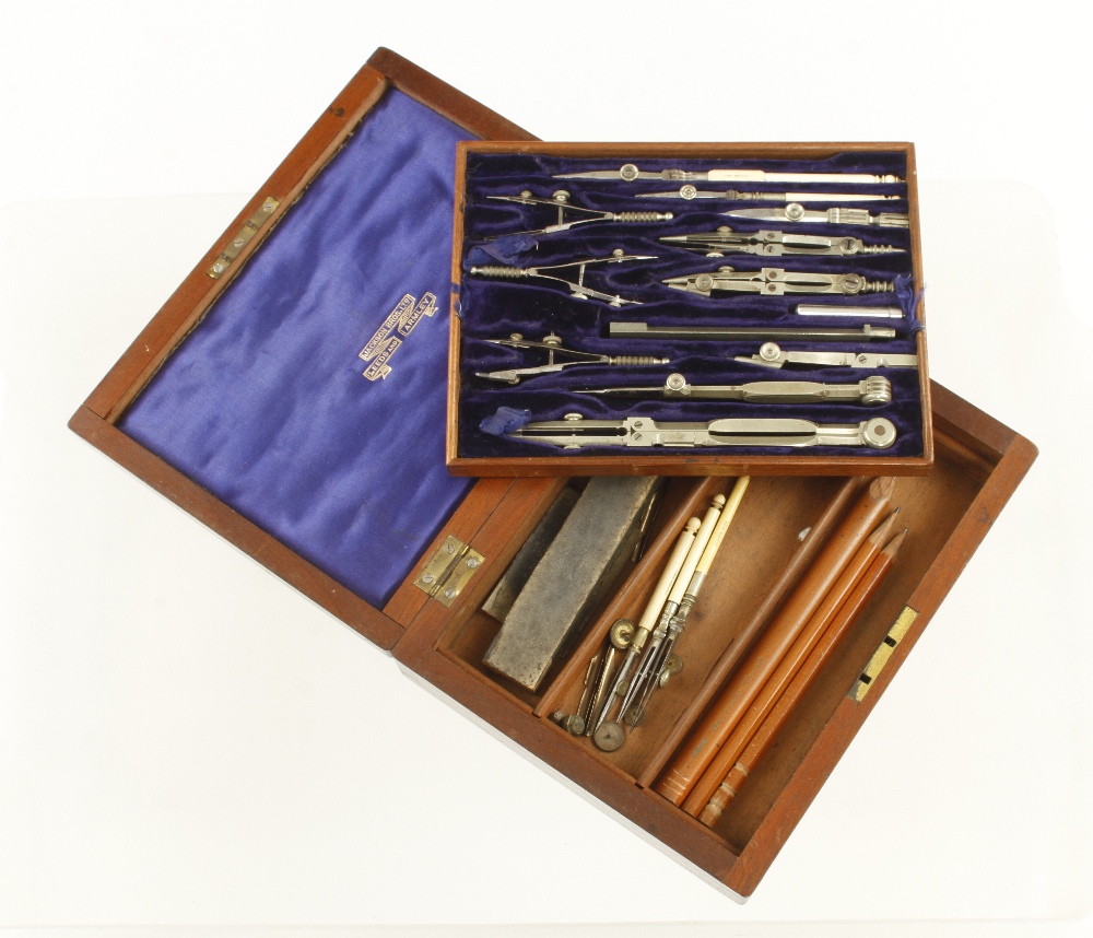 A German silver drawing set by JACKSON Bros Leeds in orig two tier mahogany box G+