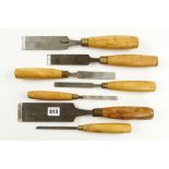 Seven paring chisels with boxwood handles