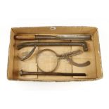 Four wheelwright's; tools; a long hub gouge, hub calipers,