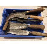 Five billhooks and a coopers drawknife