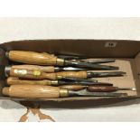 Nine mortice chisels and six gouges G+