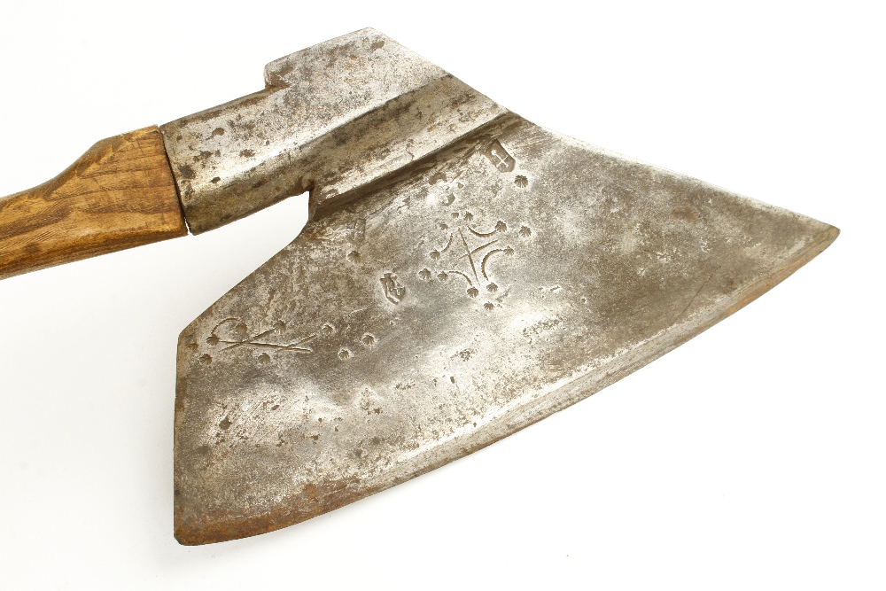 An 18c Austrian R/H broad axe with floral decoration and three blacksmith's touch marks and 14" - Image 2 of 2