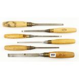 Six mortice chisels with boxwood handles G+