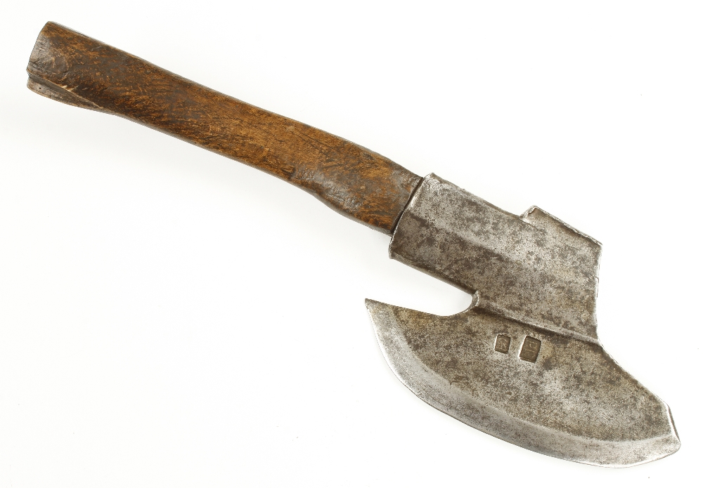 An 18c European R/H side axe with two touch marks and curved 8" edge G+