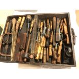 A quantity of chisels and tools in small wood carrying box G