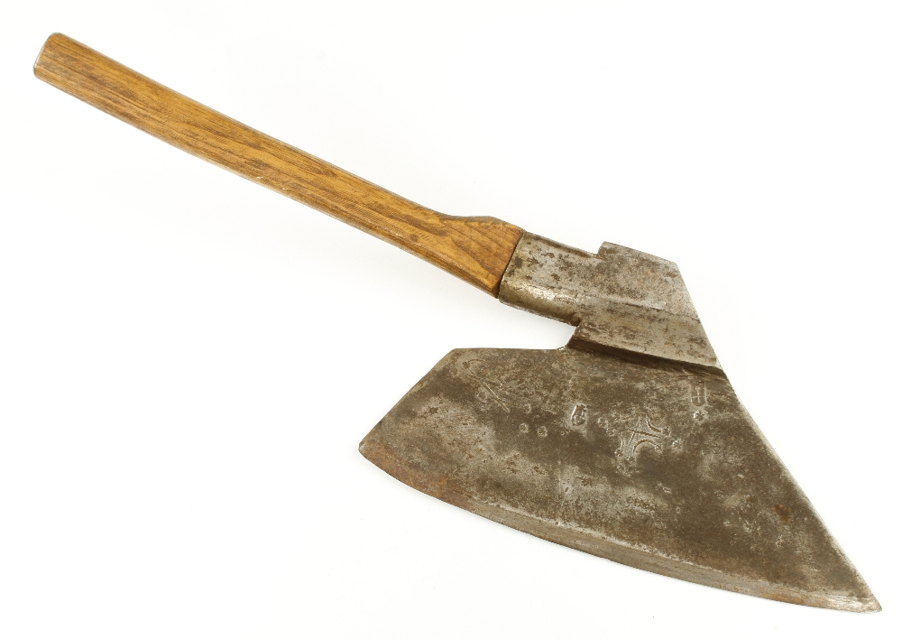 An 18c Austrian R/H broad axe with floral decoration and three blacksmith's touch marks and 14"