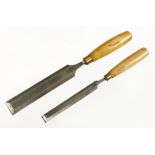 Two boxwood handled bevel edge paring chisels by SORBY 3/4" and 1 1/2" G++