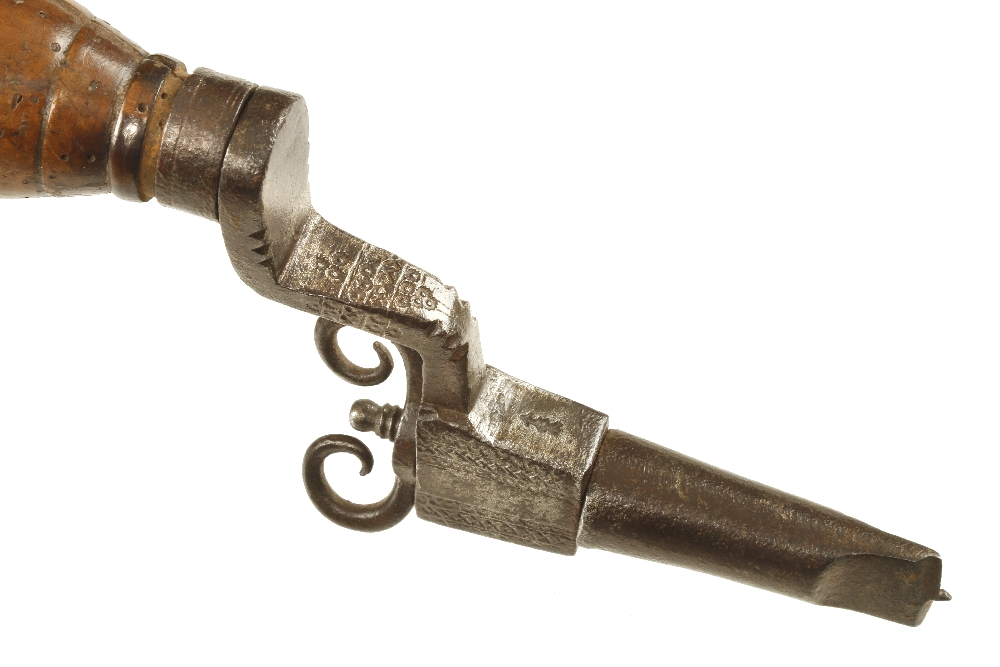 An important 17/18c German four bar cage head iron brace with attractive decoration to the frame, - Image 3 of 3