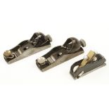 Two STANLEY No 60 1/2 block planes and a 75 bullnose with replaced lever G+