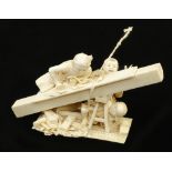 A fine quality Meiji period Japanese ivory okimono of a carpenter planing his work surrounded by