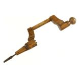 An unusual European birch brace with sharply cranked handle and clothes peg bit holder,