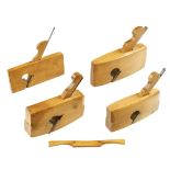 Four small nice quality boxwood planes 4" to 5" long and a 5" boxwood shave G++