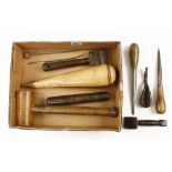 Sailmakers tools, a rosewood seam rubber and fid, two serving mallets, two prickers,
