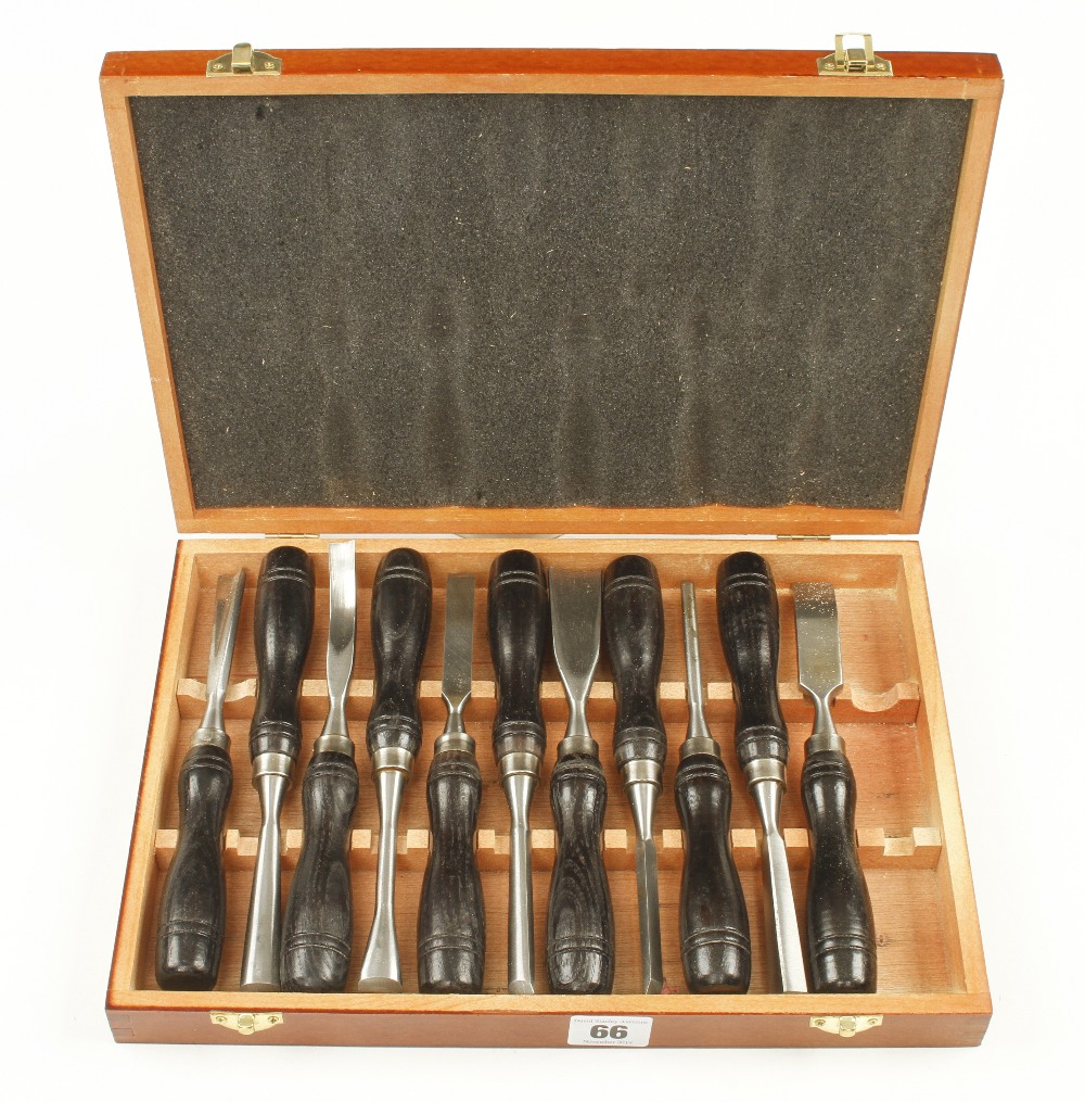 A set of 11 little used carving tools with ash handles in fitted wooden box G++