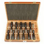 A set of 11 little used carving tools with ash handles in fitted wooden box G++