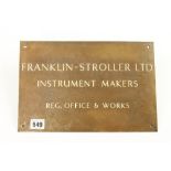 A bronze name plaque : Franklin - Stroller Ltd 8" x 12" G