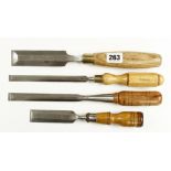 Three bevel edge chisels and a butt chisel G+