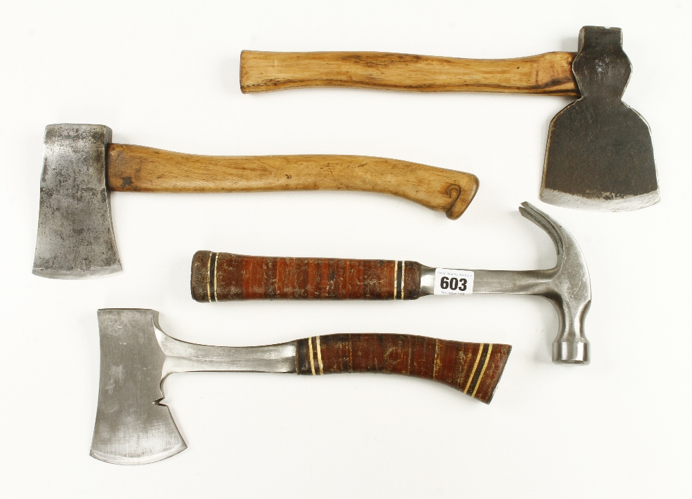 A claw hammer and hatchett by ESTWING and two other axes G+