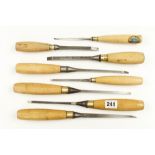 Eight mortice chisels with boxwood handles G