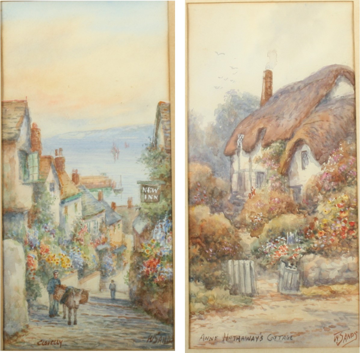 W SANDS A pair of watercolours. One titled 'Anne Hathaway's Cottage', the other titled 'Clovelly'.