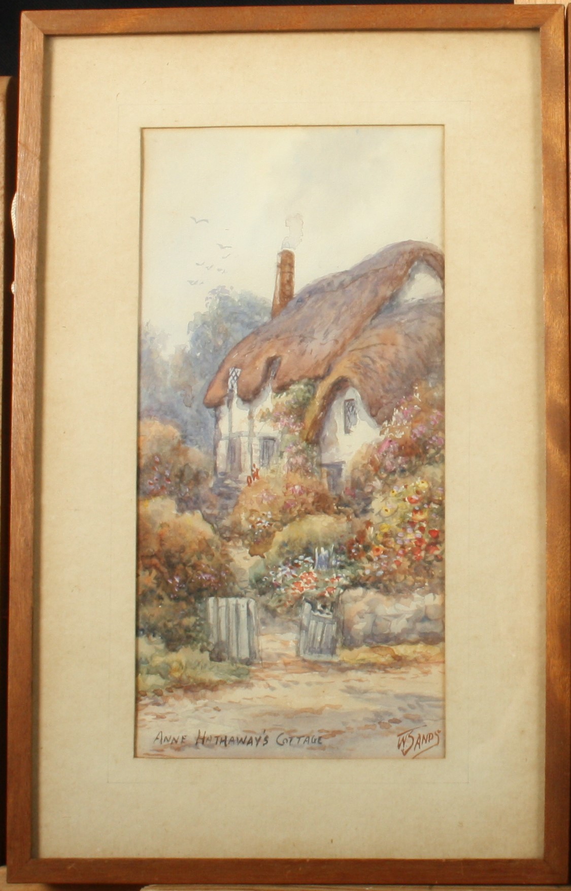 W SANDS A pair of watercolours. One titled 'Anne Hathaway's Cottage', the other titled 'Clovelly'. - Image 4 of 5