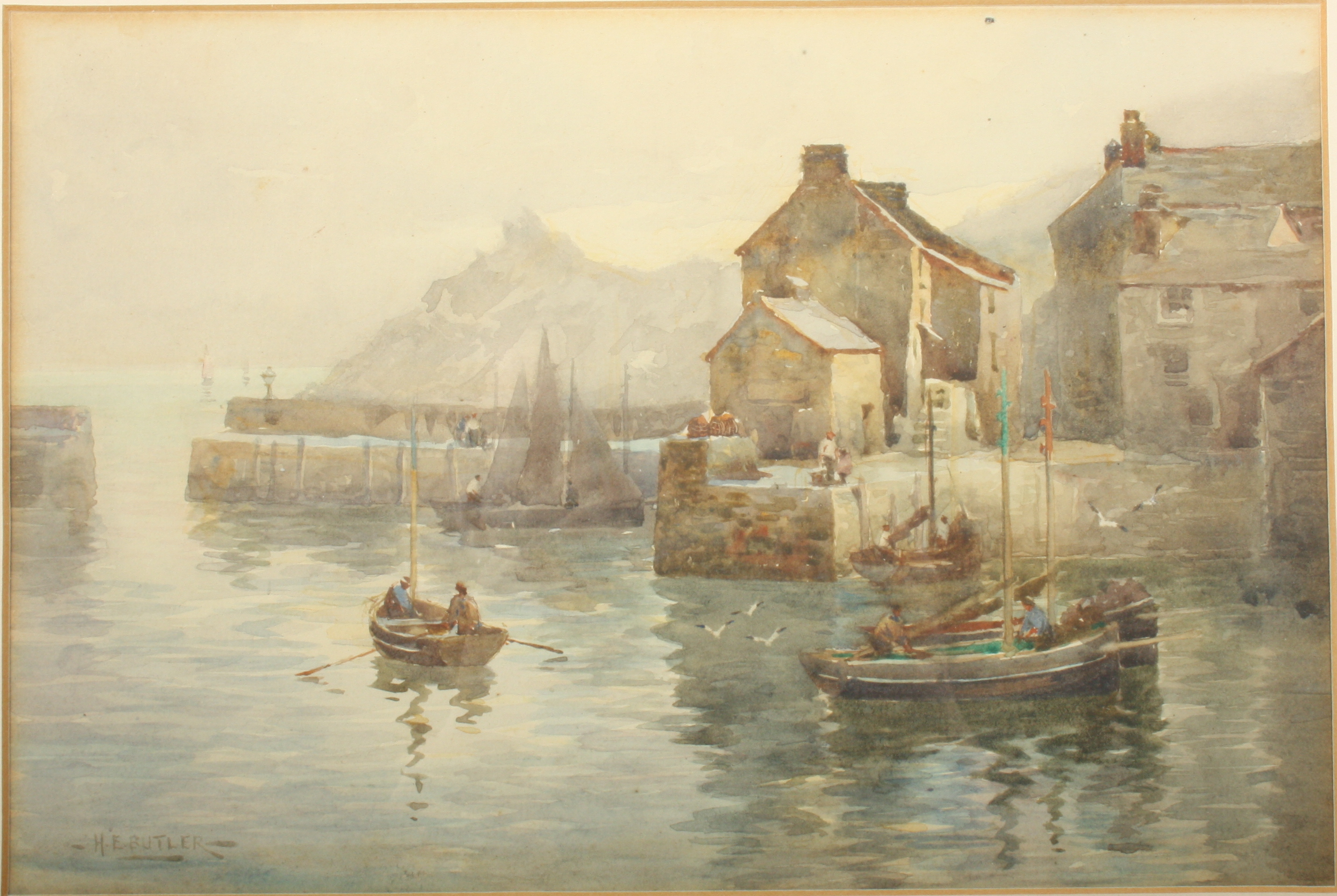 Herbert E BUTLER (1861-1931) Polperro Harbour Watercolour Signed 17.