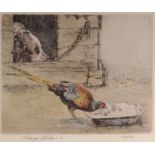 Henry WILKINSON (1921-2011) A Pheasant Feeding Before a Sleeping Spaniel Coloured etching Signed