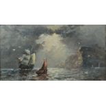 Richard WEATHERILL (1844-1913) Shipping in Moonlight Oil on board Signed 12 x 22cm