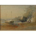 William WILLIAMS OF PLYMOUTH (1808-1895) Careening in an Estuary Watercolour Signed 18 x 25.