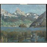Ken HOWARD (1932) Lake Lauer with the Mythen Oil on board Signed Inscribed and dated 2010 to the