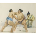 Ken SYMONDS (1927-2010) Sumo Wrestlers Watercolour Signed Inscribed to the back 22 x 26cm