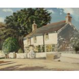 J R DONNACHIE View of a White cottage, Goldsithney, Cornwall Oil on board Signed Further signed,