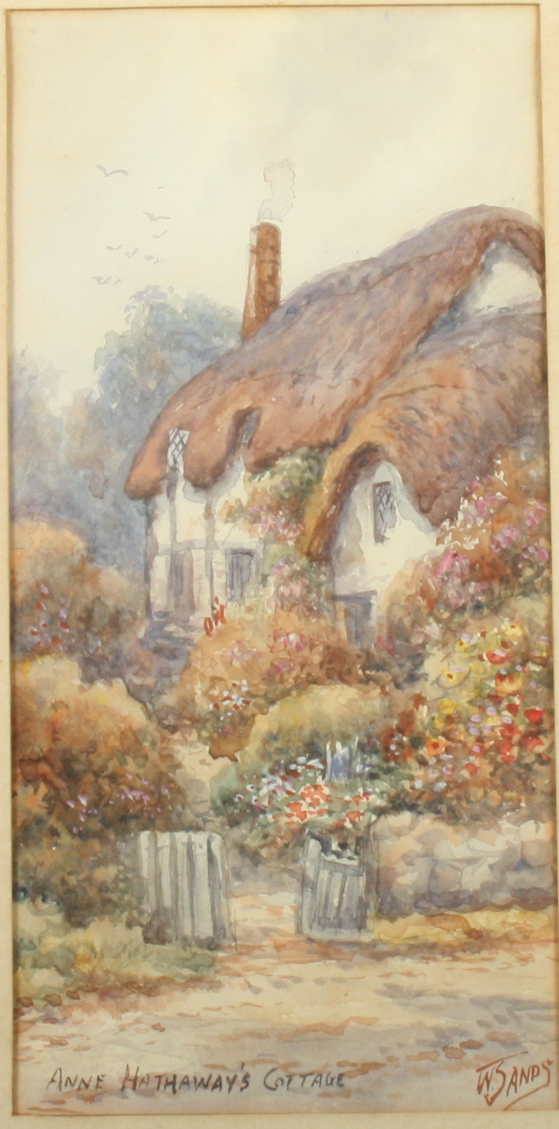 W SANDS A pair of watercolours. One titled 'Anne Hathaway's Cottage', the other titled 'Clovelly'. - Image 5 of 5