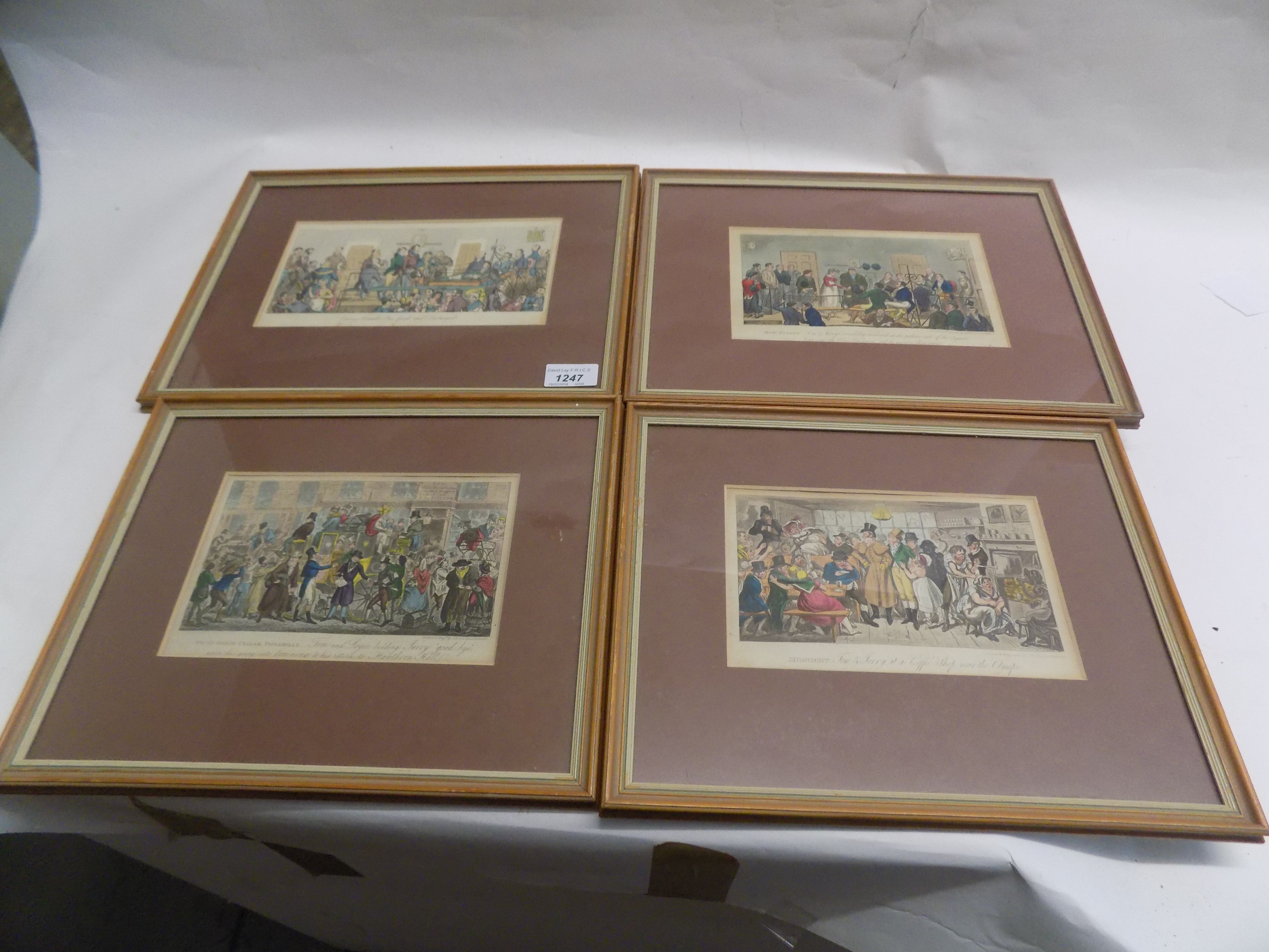 GEORGE CRUIKSHANK AQUATINTS. 4 hand col aquatints "Tom & Jerry" c 1820 vg.