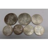 Austria:- Two Maria Theresiar Thalas, four silver 25 Sh. and a 50 Sh. coin.