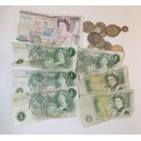 A £20 note, 6 £1 notes and approximately £1 pre 1947 silver coins.
