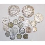 Two French 5F coins, 1883 and 1837 together with other World silver coins.