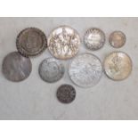 Nine silver coins including India Alwar State Rupee and Germany 2 mark 1913.