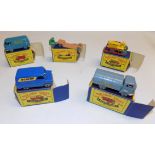 Matchbox :- VW Van, 27 low loader, 25 Dunlop van, 18 Dozer and 38 dust cart, each boxed.