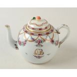 An 18th century French porcelain spherical teapot, monogrammed CHB, damage.