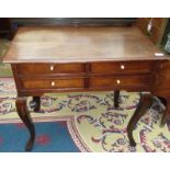 A George III oak lowboy, with two short and one long drawer, herringbone inlay, on cabriole legs,