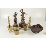 A pair of spelter figures, circa 1900, height 36cm, two pairs of candlesticks, treen etc.