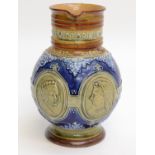 A Doulton Lambeth stoneware 1897 Jubilee large jug with young and old cameo portraits of Victoria,