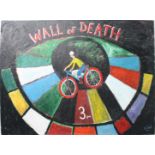 An oil on a wooden panel, 'Wall of Death', signed Simeon Stafford, 75 x 102cm.